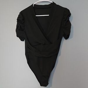 SHEIN Black Bodysuit with V-Neck and Puff Sleeves